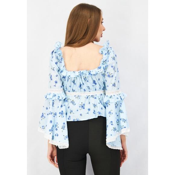 ASOS Bell Sleeve Lace Up Front Top Blue Floral Blouse Women's 10 Faerie Cottage - Picture 10 of 10